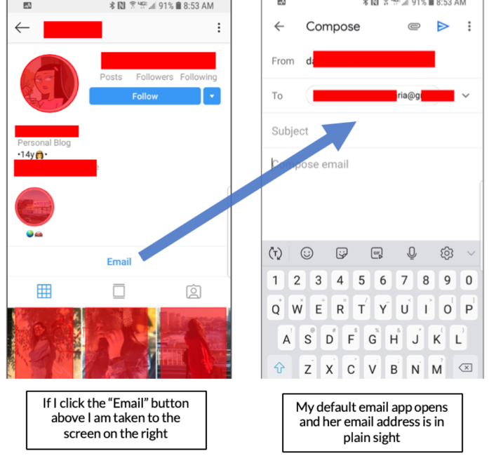 Screenshots (with personal information blocked out) from a 14 year old girl’s profile