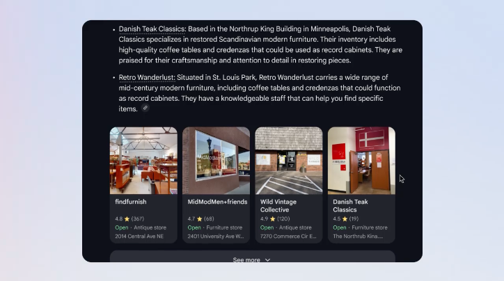 Screenshot of Google video including product cards in search results.