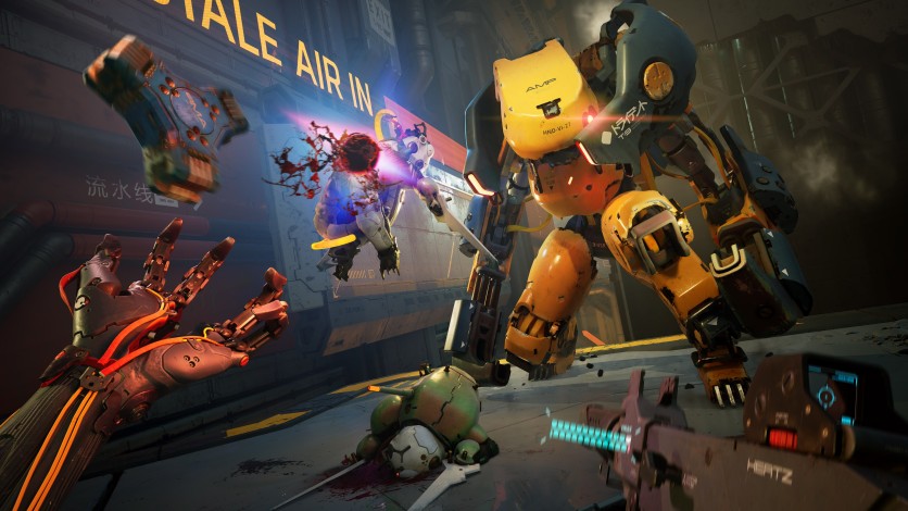 Metal Eden screenshot with battle action and a big mech