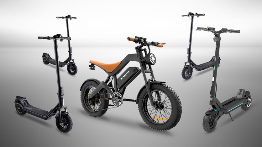Four scooters and an e-bike.