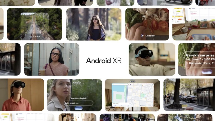various screens showing Android XR examples.