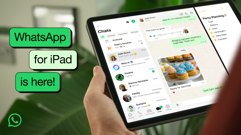 Person holding an iPad displaying the new WhatsApp app