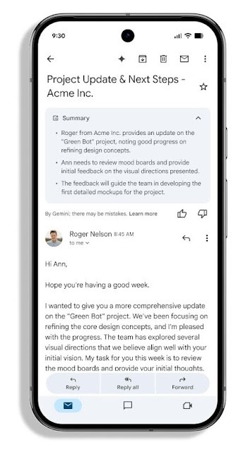 Gmail message with Gemini AI-generated summary on smartphone screen