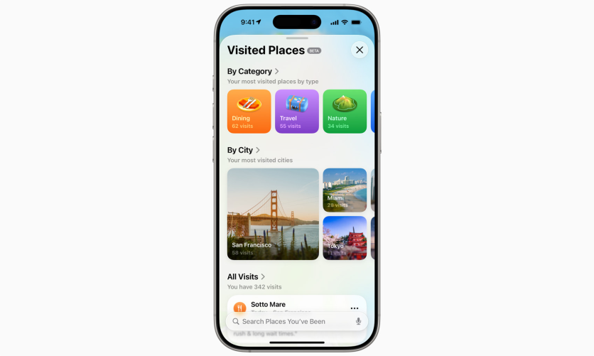 iOS 26 Visited Places screen by category and city