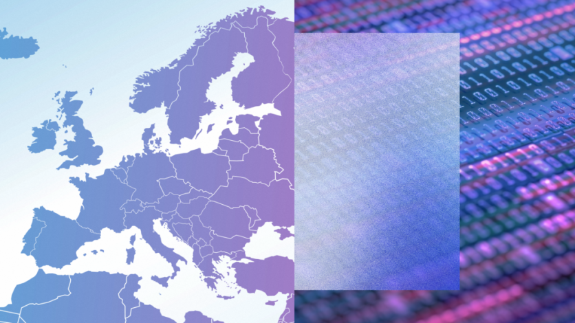 Map of Europe overlaid with digital binary code