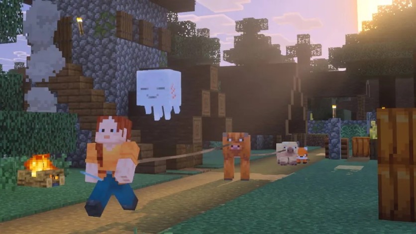 Minecraft character walking pets through village at sunset
