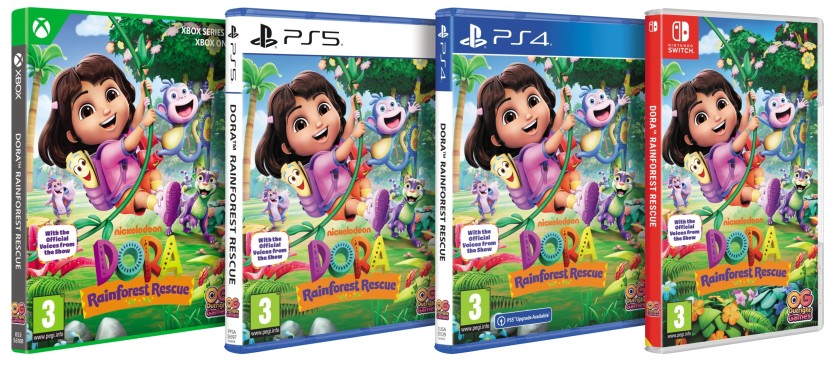 ‘Dora: Rainforest Rescue’ game boxes for Xbox, PlayStation, and Switch