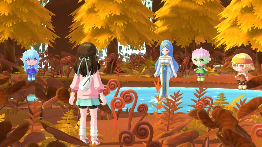 Character meets forest spirits by a pond in ‘Harvest Moon'