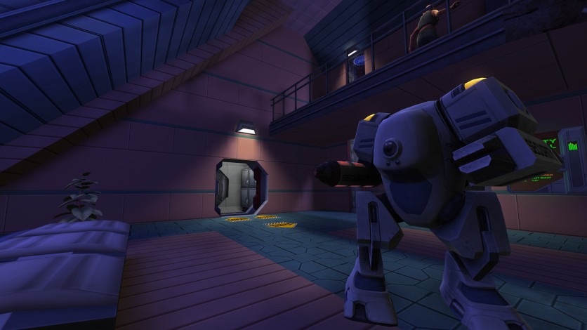 Security mech patrols sci-fi hallway in System Shock Remastered
