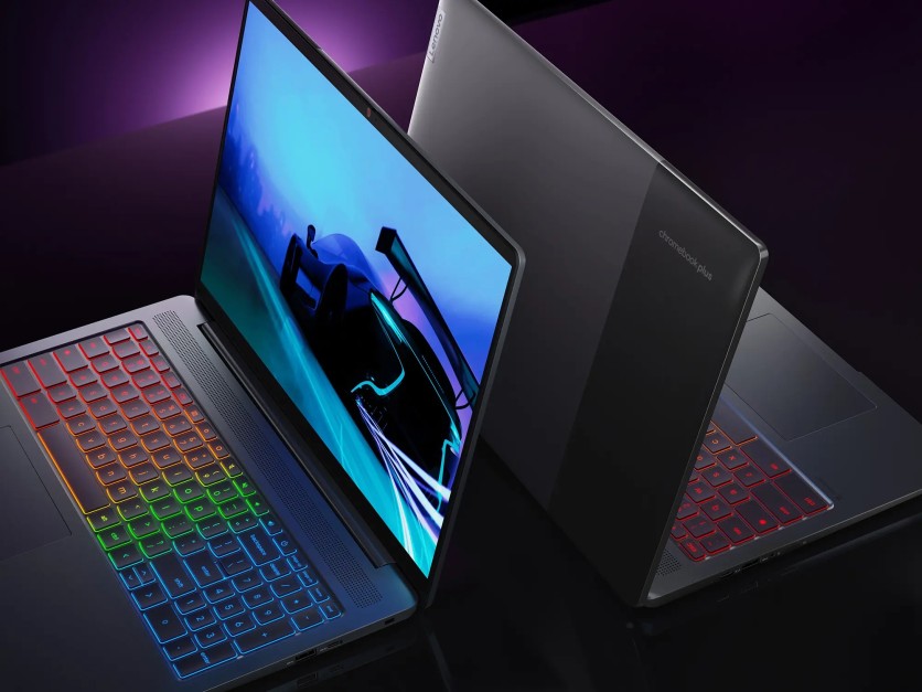 Two Lenovo Chromebook Plus laptops with colorful backlit keyboards
