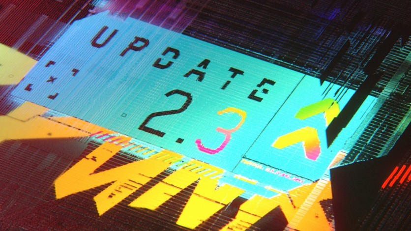 Cyberpunk 2077 Update 2.3 glitch-style graphic