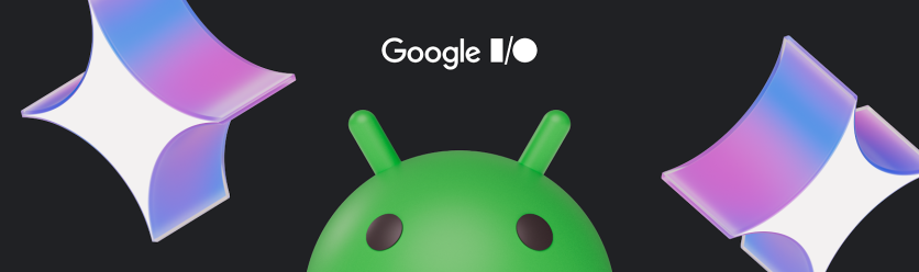 Android mascot under Google I/O and Gemini icons