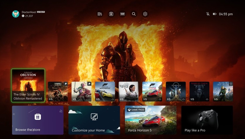 Xbox dashboard with dynamic background and game tiles