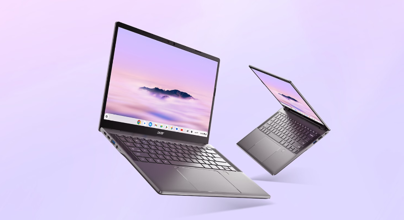 Two Acer Chromebook Plus 514 laptops floating on purple background