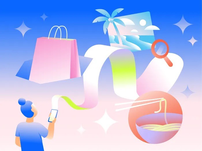 Illustration of mobile user browsing shopping, travel, and food videos