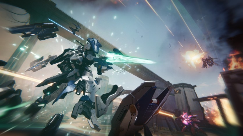 Mechs battling in a futuristic cityscape