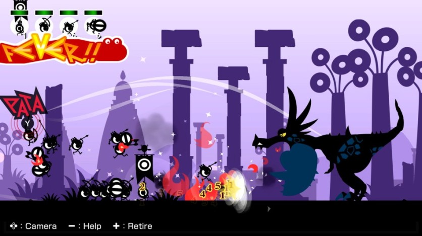 Cartoon warriors battle a dragon in Patapon