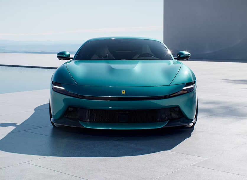Front view of teal Ferrari Amalfi