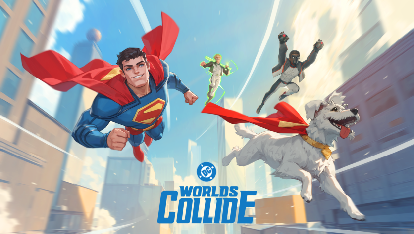 Superman, Krypto, and heroes fly through a futuristic city