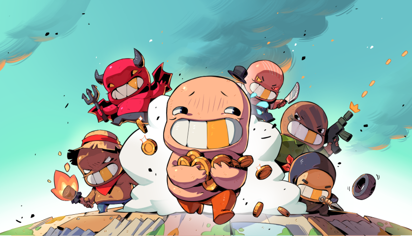 Cartoon billionaires hoarding coins and fighting in chaotic game show