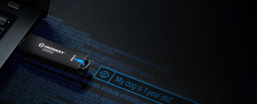 IronKey D500S USB drive plugged into laptop