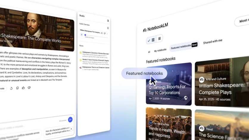 NotebookLM interface showing featured notebook titles