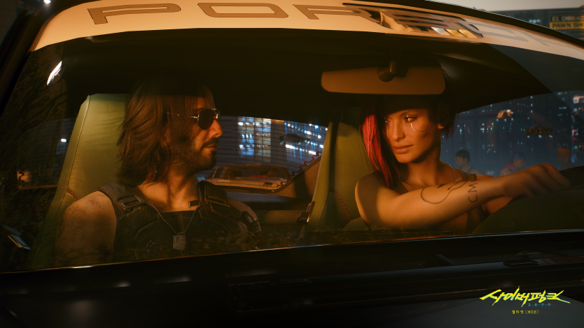 V and Johnny Silverhand driving in a Porsche