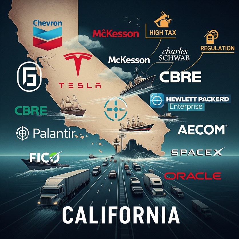 Major companies like Chevron, Tesla, McKesson, and Oracle are relocating