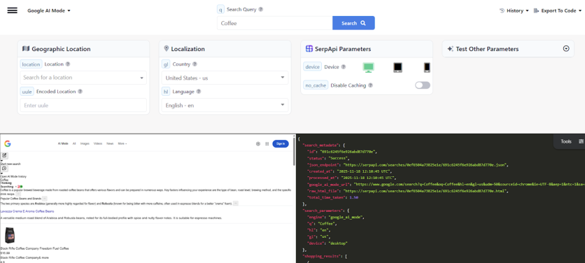 SerpApi's Google AI Mode interface