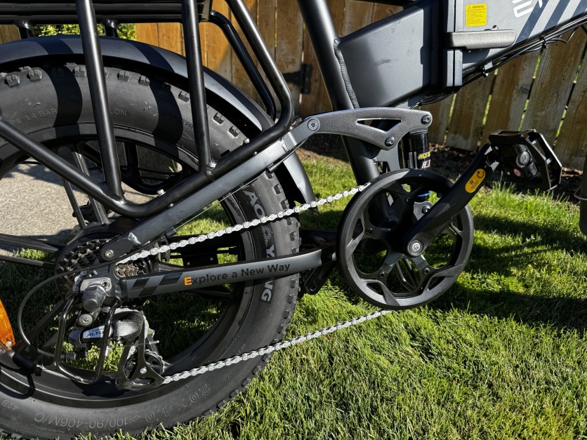 Engwe Engine Pro 2.0 drivetrain and rear suspension close-up.