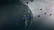 Illustration of large asteroid in space, with smaller rocks floating