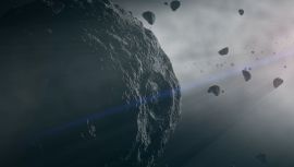 Illustration of large asteroid in space, with smaller rocks floating