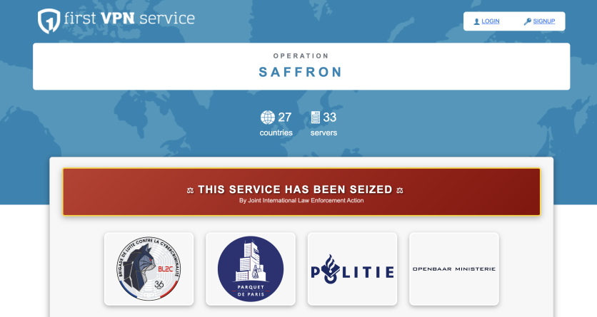 First VPN's website after seizure.