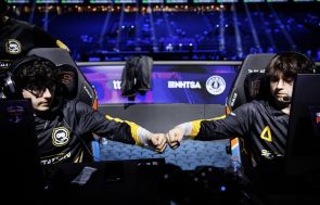 Team Spacestation Gaming players fist bump ahead of the esport