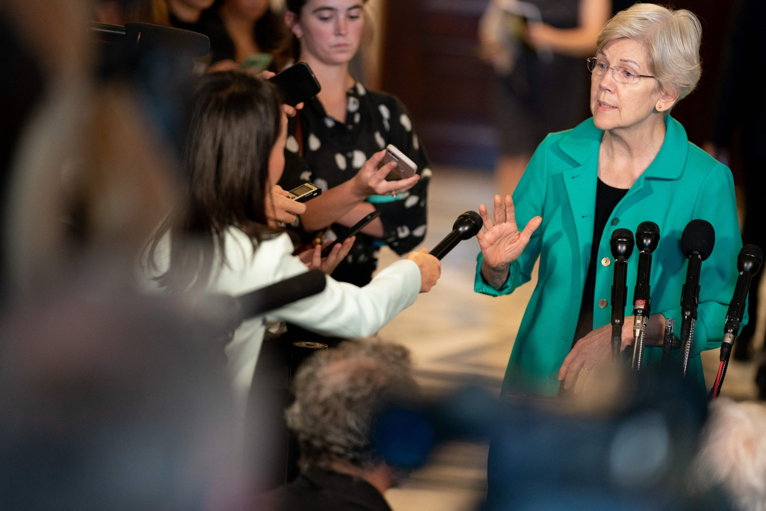 United States Senator Elizabeth Warren (Democrat of Massachusetts) speaks to 