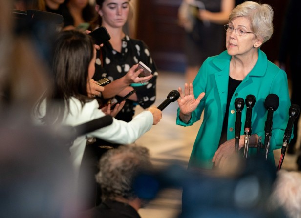 United States Senator Elizabeth Warren (Democrat of Massachusetts) speaks to
