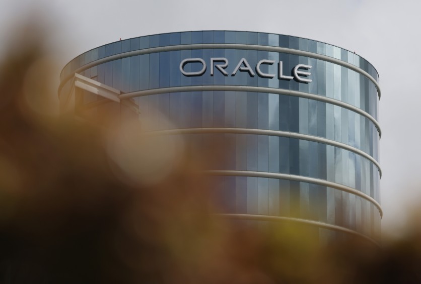 The Oracle logo is displayed on a building at an