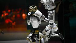 Humanoid robots perform in a kick-boxing fight during the Galaxy