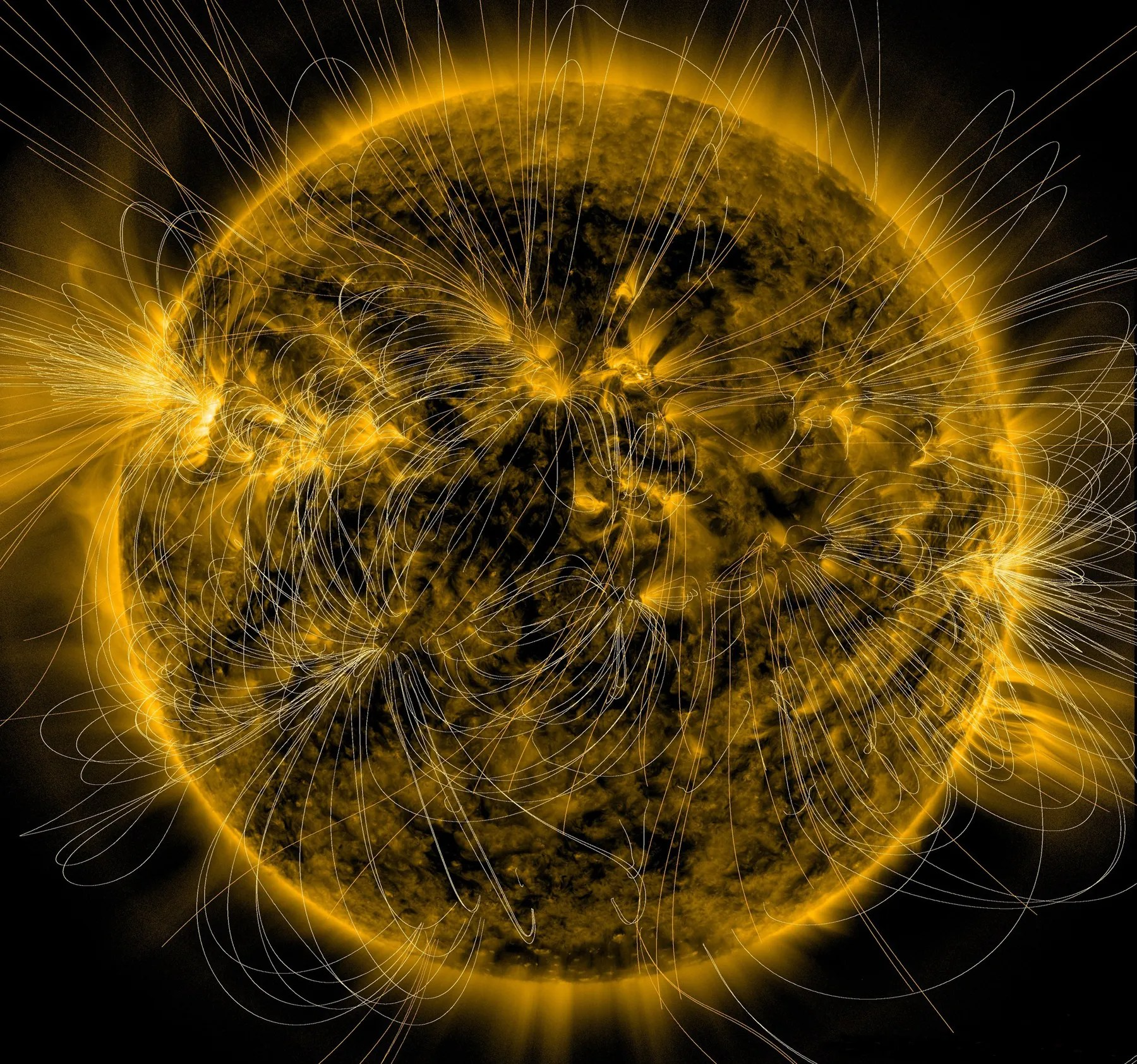 A spacecraft image shows the Sun as a patchwork of 