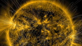 A spacecraft image shows the Sun as a patchwork of