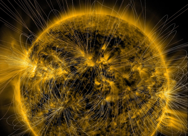 A spacecraft image shows the Sun as a patchwork of