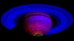 The picture shows the Saturn in infrared light with aurora