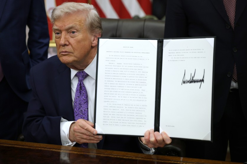 U.S. President Donald Trump displays a signed executive order in