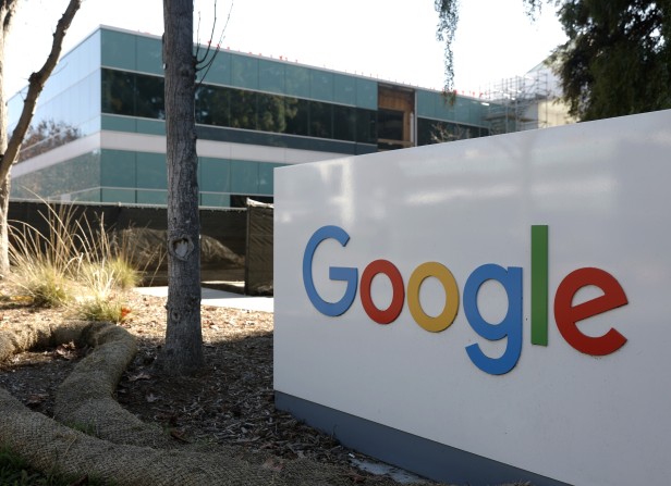 A sign is posted at Google headquarters on February 04,