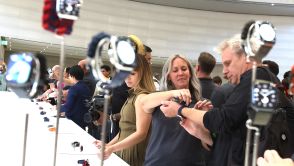 An attendee tries on a new Apple Watch during an