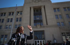New York Attorney General Letitia James speaks outside the Walter