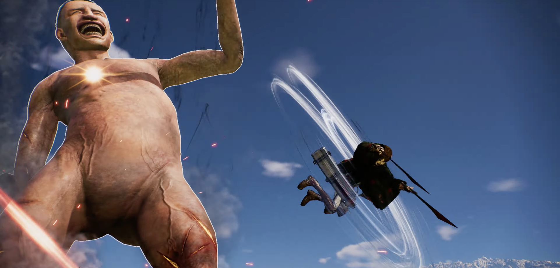 Gameplay de Attack on Titan 3 mostrando combate com equipamento ODM