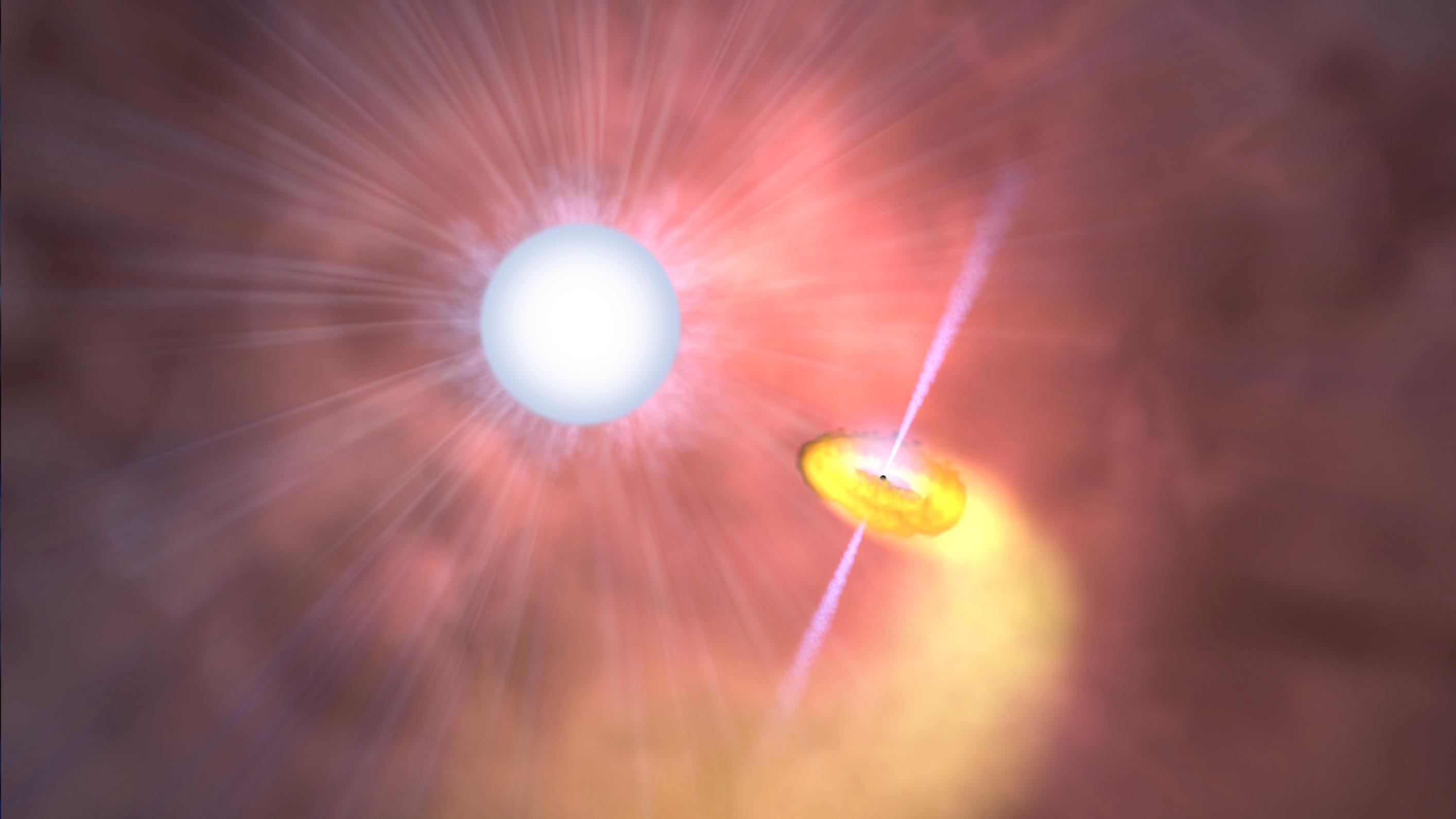 Artist's impression of the violent binary system Cygnus X-3, where a dead star strips material from a massive companion.