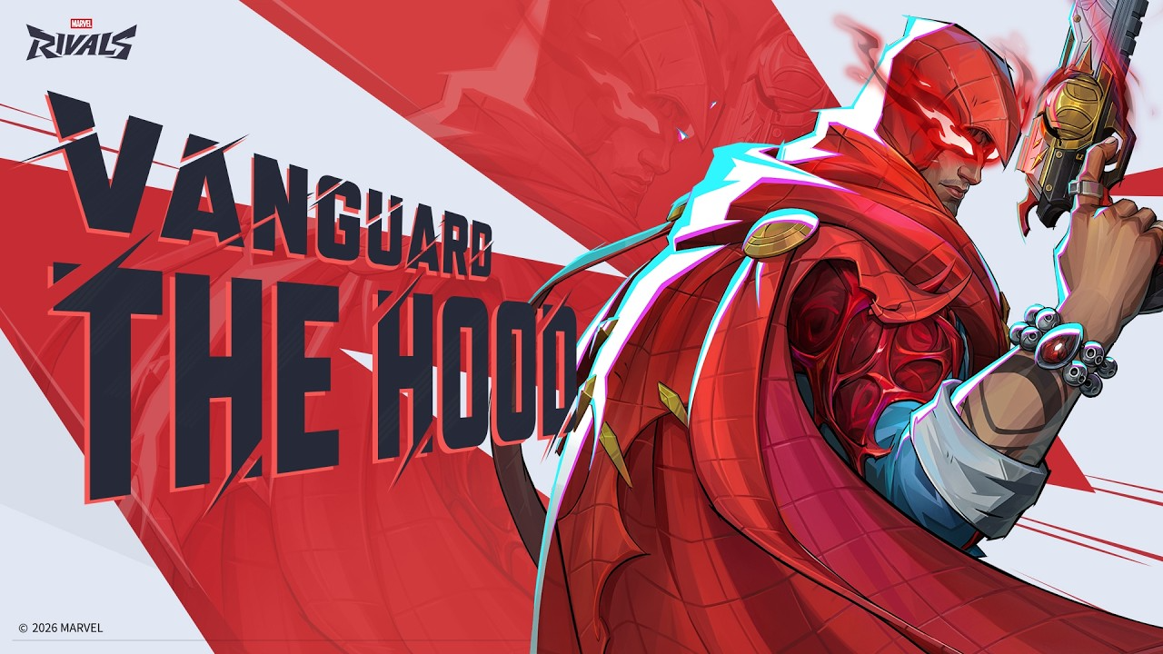 The Hood character model from Marvel Rivals standing in a combat stance with twin pistols and a mystical red cloak.