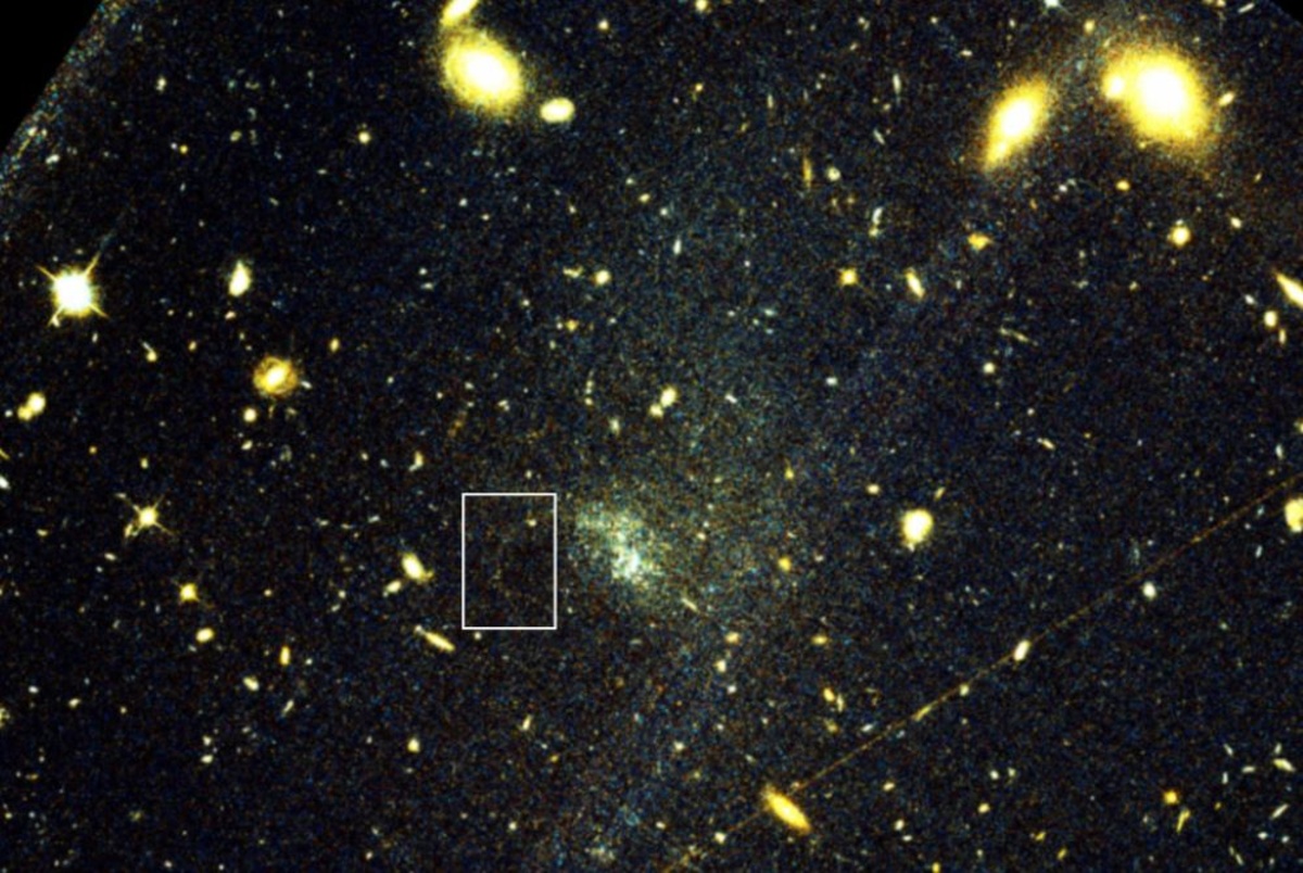 A NASA Hubble Space Telescope image with box added to show location of the globular cluster stellar stream